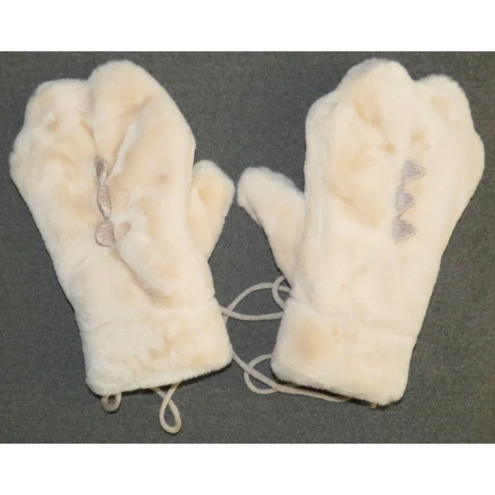 Women's Soft Cozy Plush Beige Dino Dinosaur Mittens Size Small-Medium